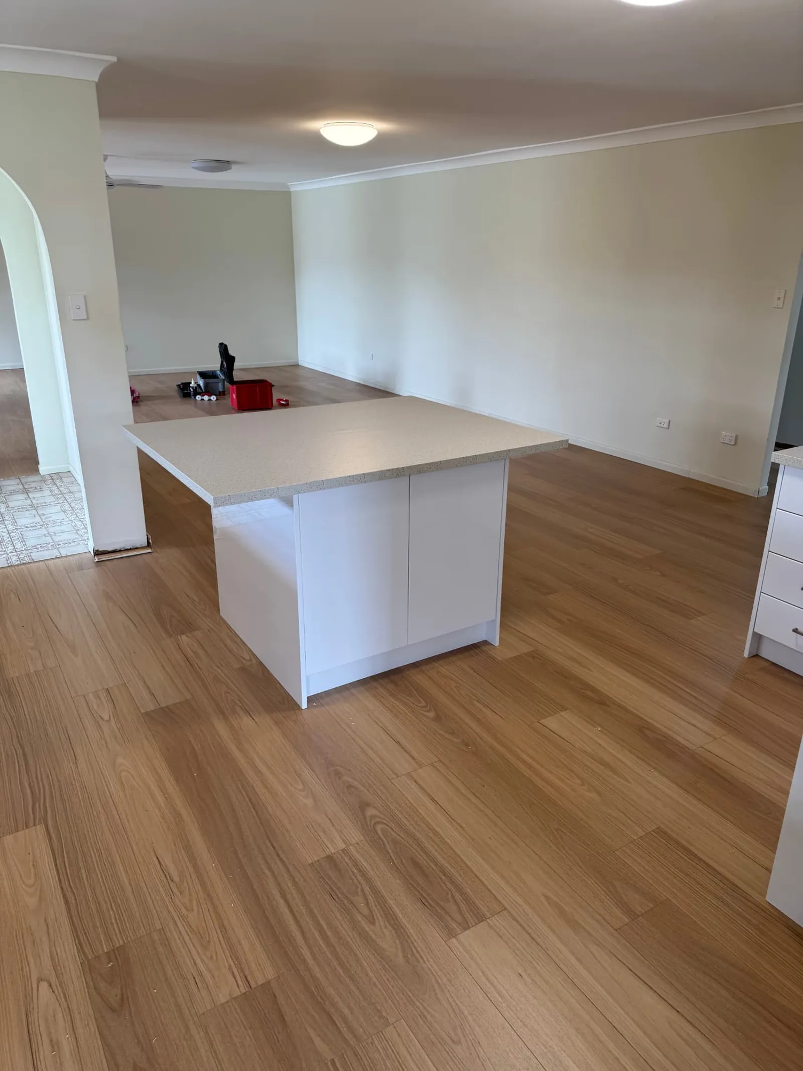 Open kitchen and living layout with new island benchtop in Carindale