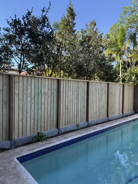 Picture-frame timber fencing beside a residential pool in Cannon Hill