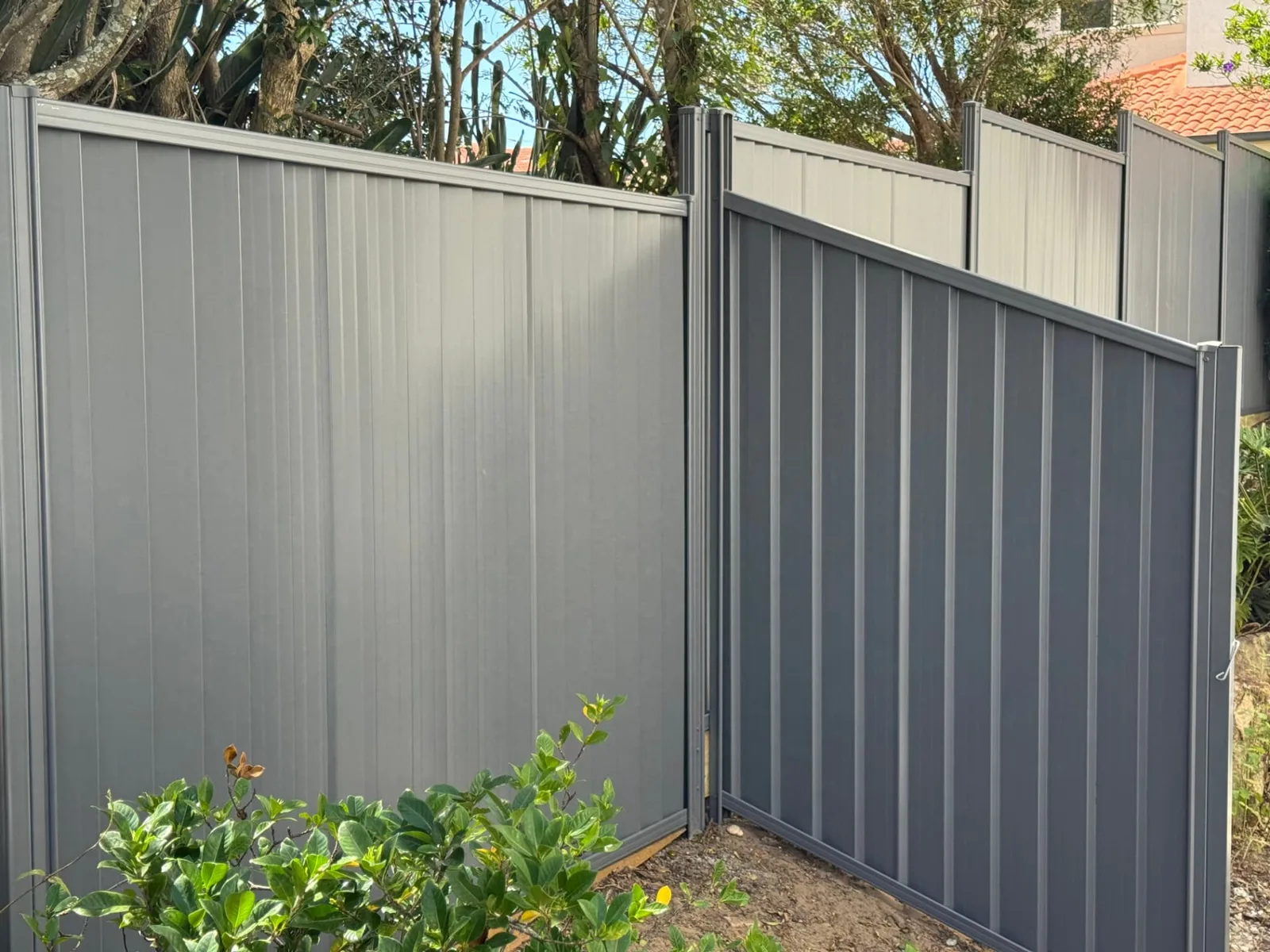 Colorbond fencing and pedestrian gate installed around established landscaping
