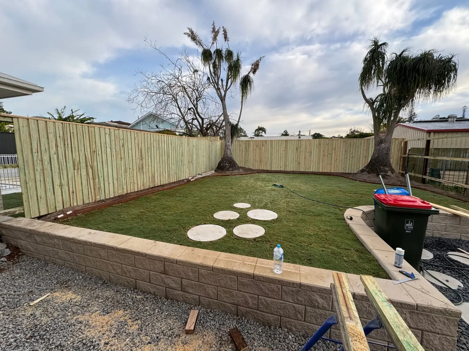 New treated pine boundary fencing enclosing a level backyard in Brisbane